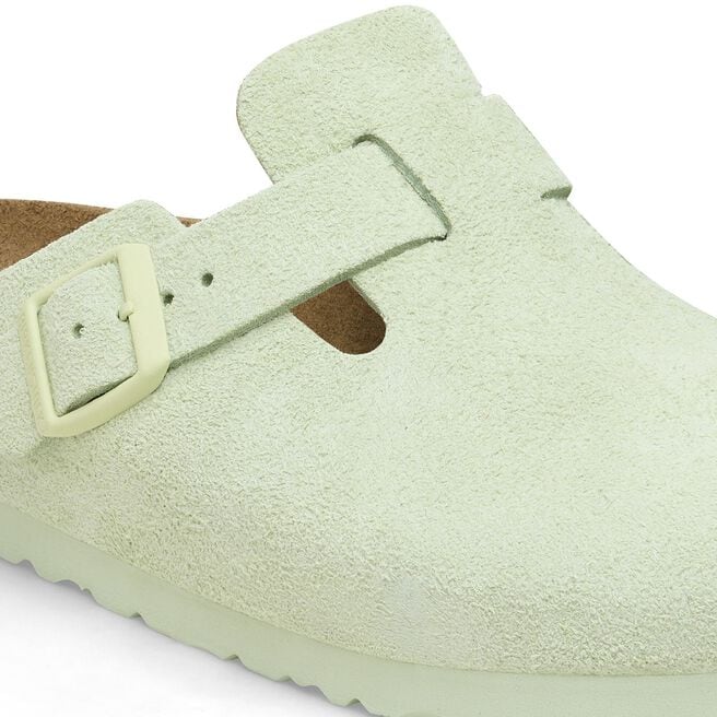 Birkenstock Boston clog in faded lime green suede with adjustable buckle strap