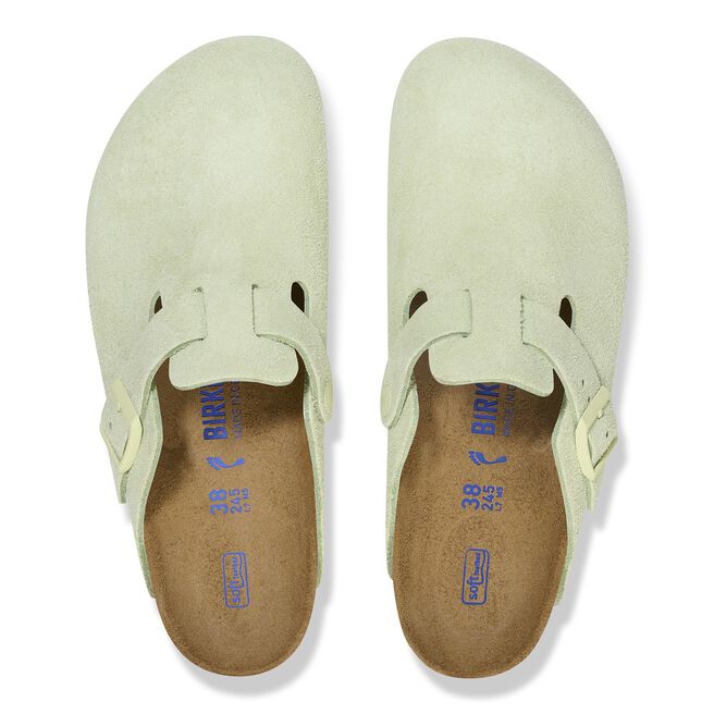 Birkenstock Boston clogs in faded lime green suede with cork footbed