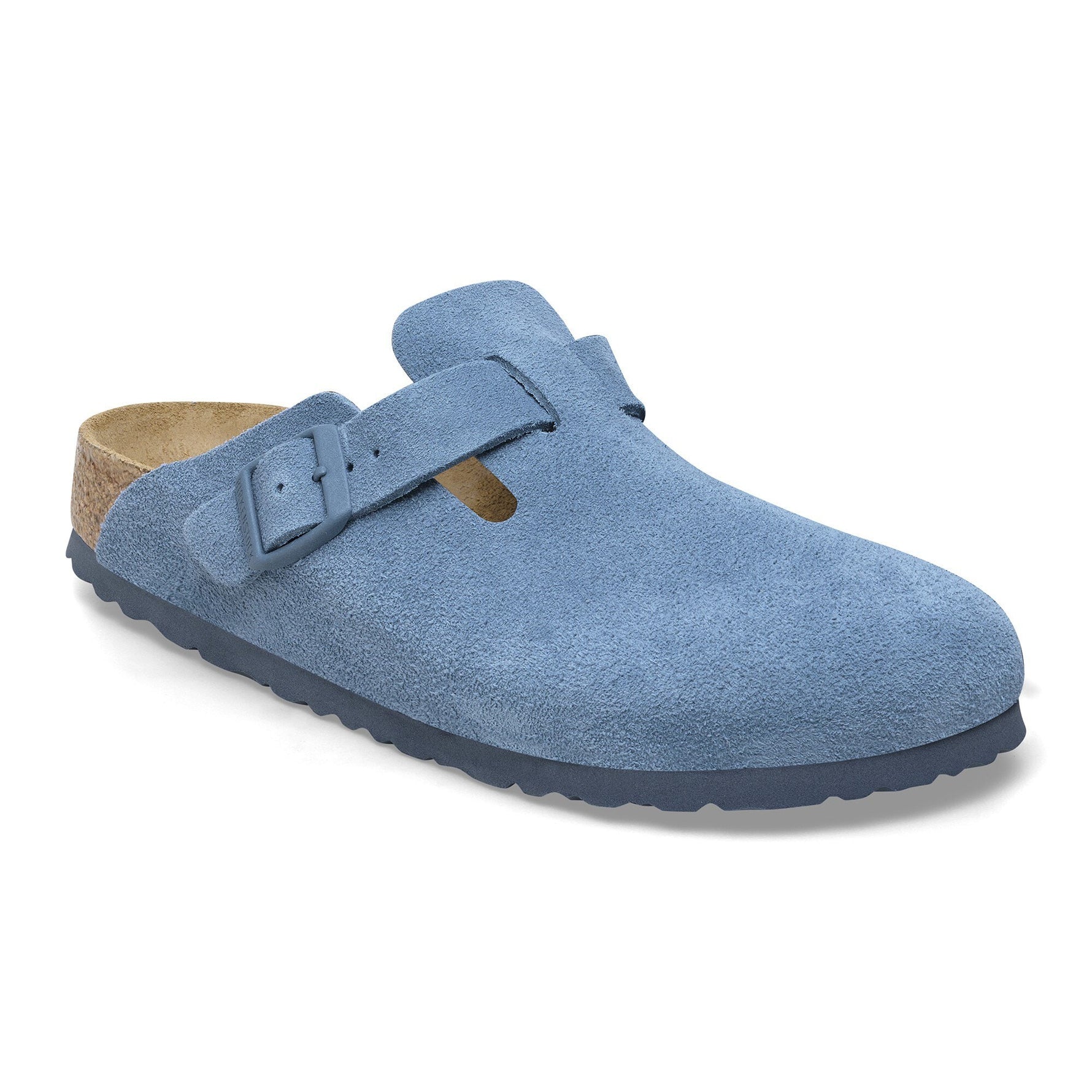 Birkenstock Boston clog in light blue suede with adjustable buckle strap