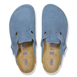 Birkenstock Boston clogs in blue suede with cork footbed and adjustable strap