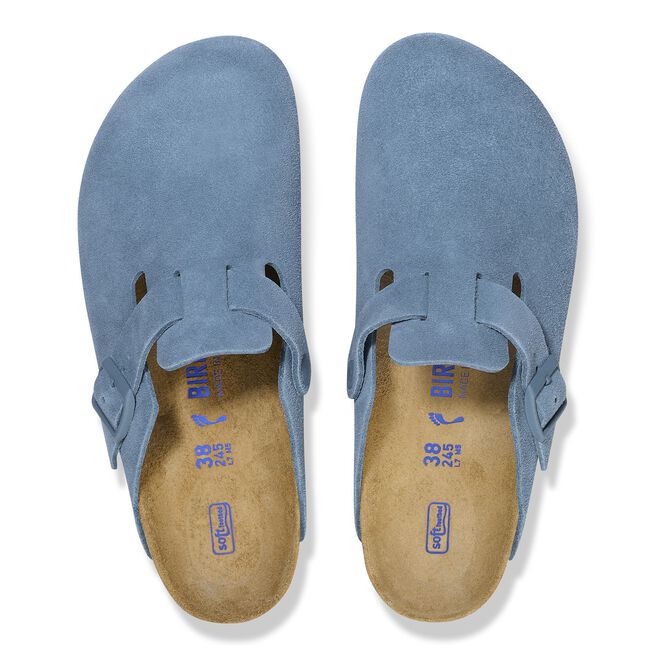 Birkenstock Boston clogs in blue suede with cork footbed and adjustable strap