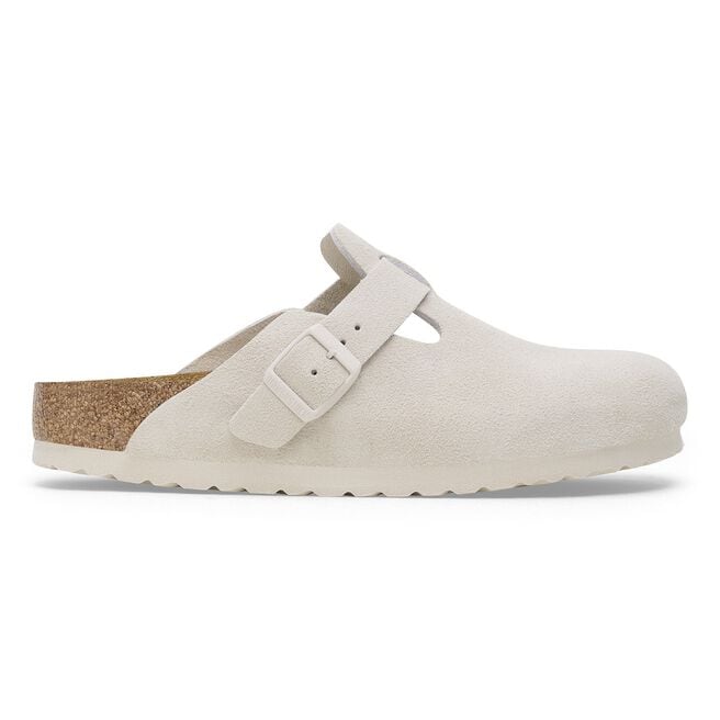 Birkenstock Boston clog in antique white suede with adjustable buckle strap