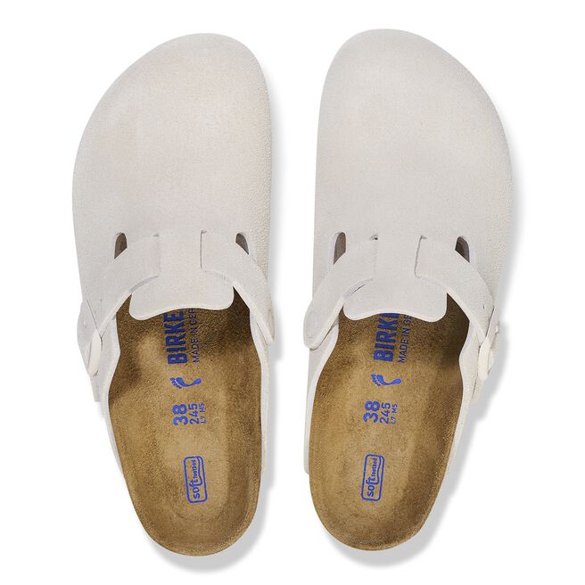 Birkenstock Boston clogs in light gray suede with cork footbed