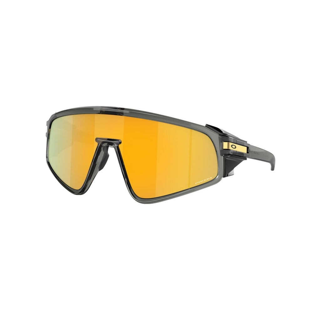 Oakley Latch Panel sunglasses with grey smoke frame and orange Prizm 24K lenses