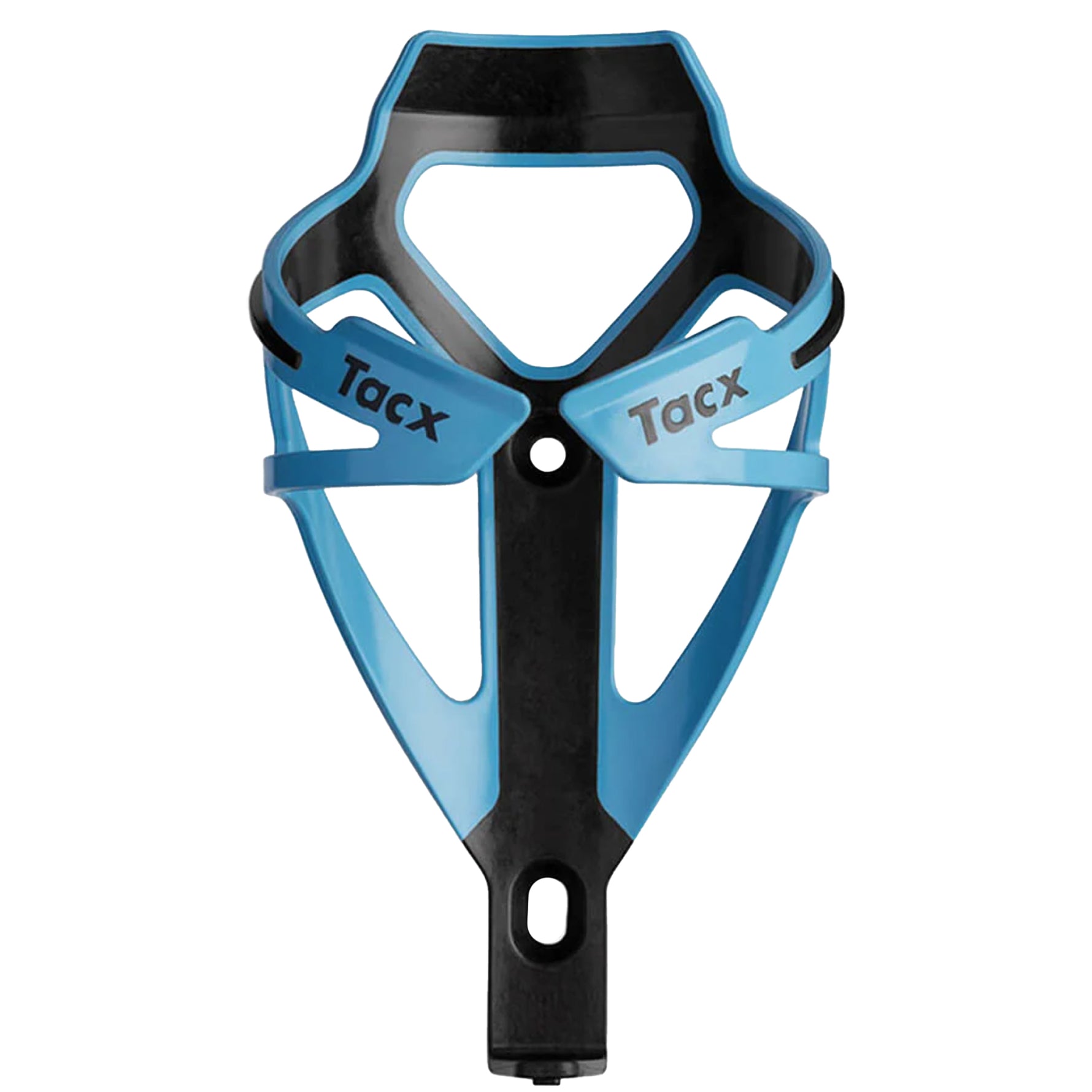 Tacx blue and black bicycle bottle cage with carbon fiber construction