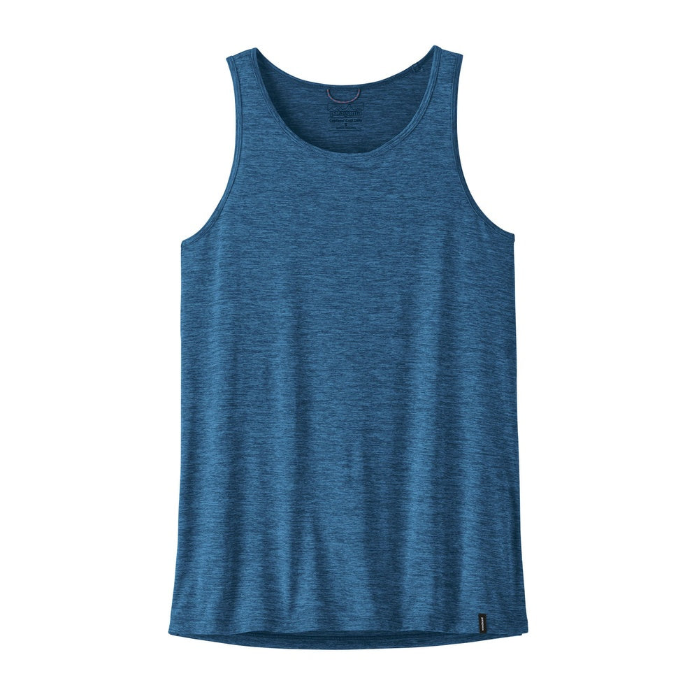 Patagonia women's blue heathered tank top on white background