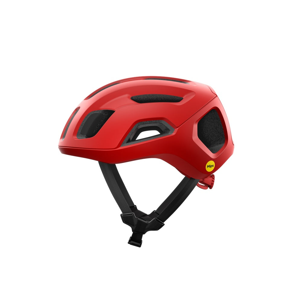 POC Ventral Air MIPS cycling helmet in red with ventilation holes and adjustment straps
