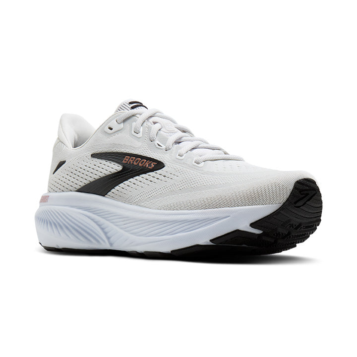 Brooks Ghost 18 running shoe in white with black swoosh and rose gold logo