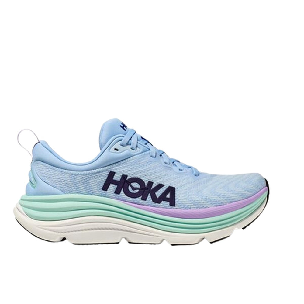HOKA women's running shoe in light blue with colorful midsole accents