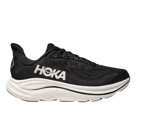 HOKA Clifton 10 Women's running shoe in black with white sole and HOKA logo