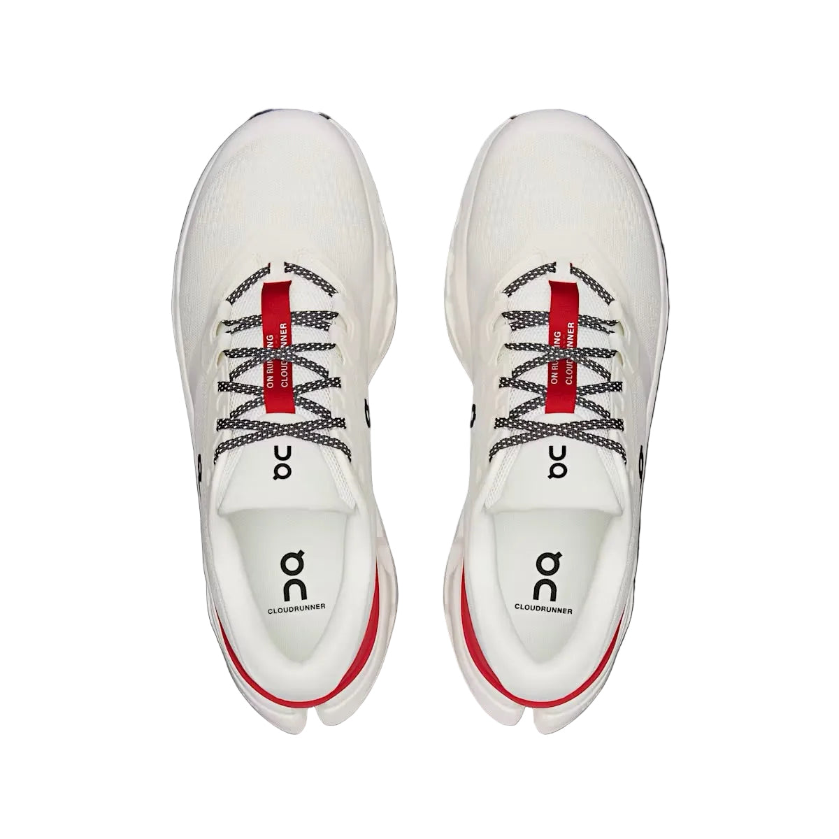 On Cloudrunner 3 running shoes in ivory white with red accents, top view