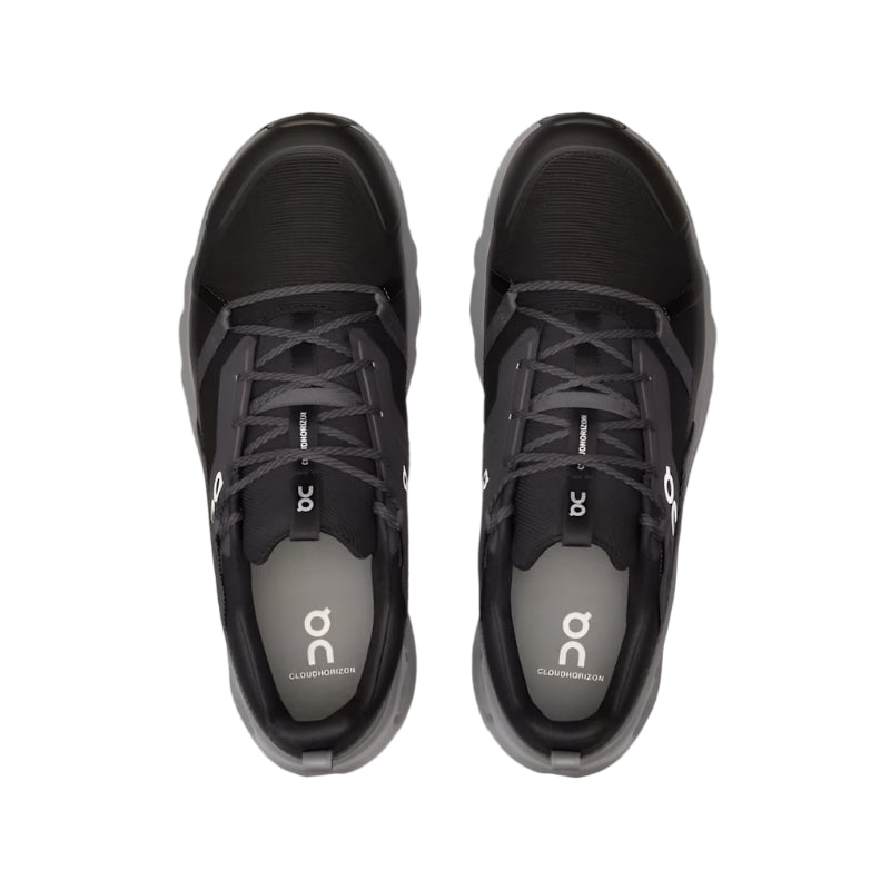 On Cloudhorizon men's running shoes in black and grey colorway, top view