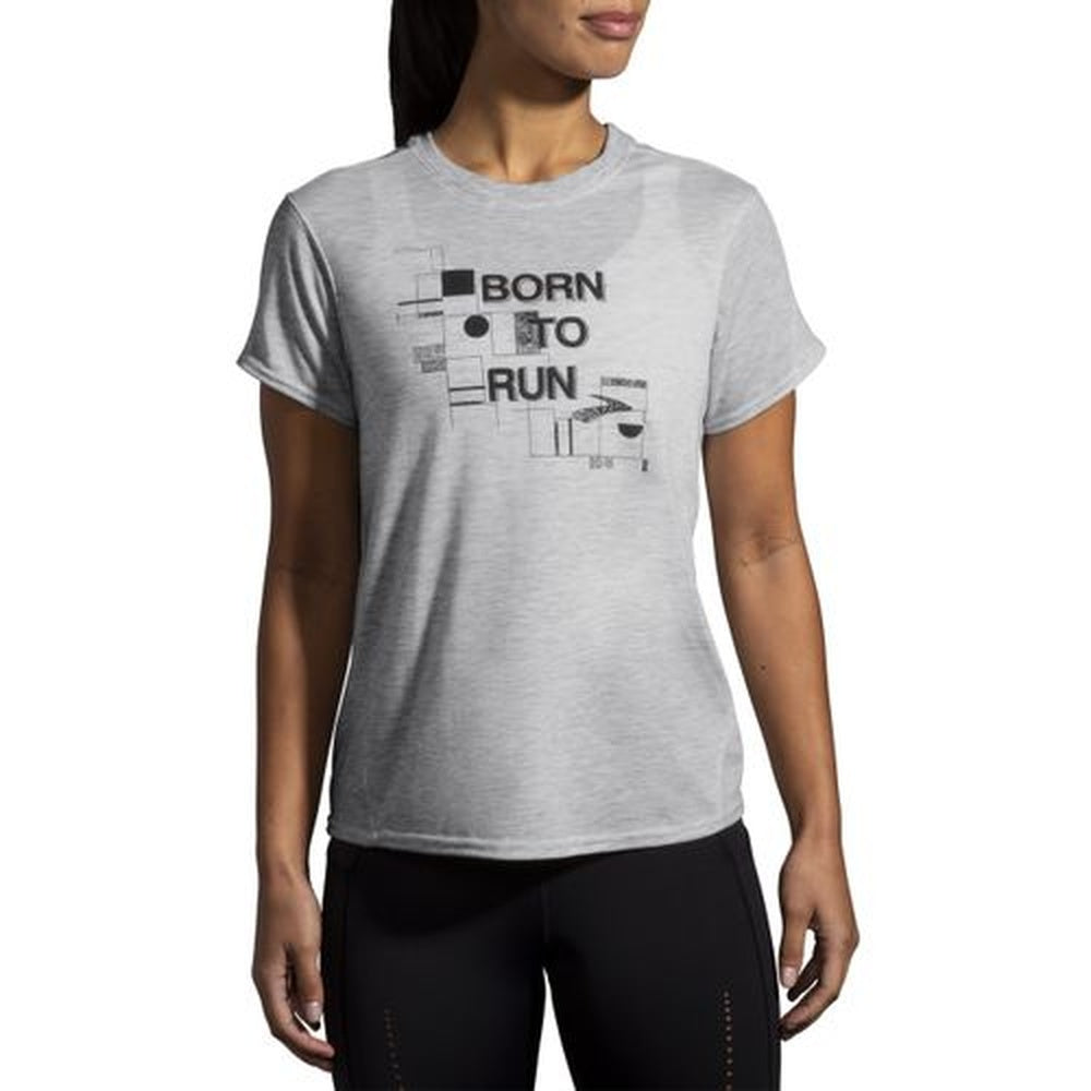Brooks women's heather gray running t-shirt with 'Born to Run' graphic print