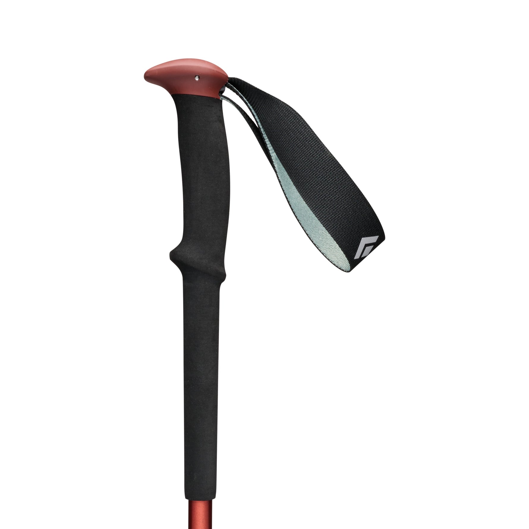 Black Diamond Trail trekking pole with black shaft and red grip on white background