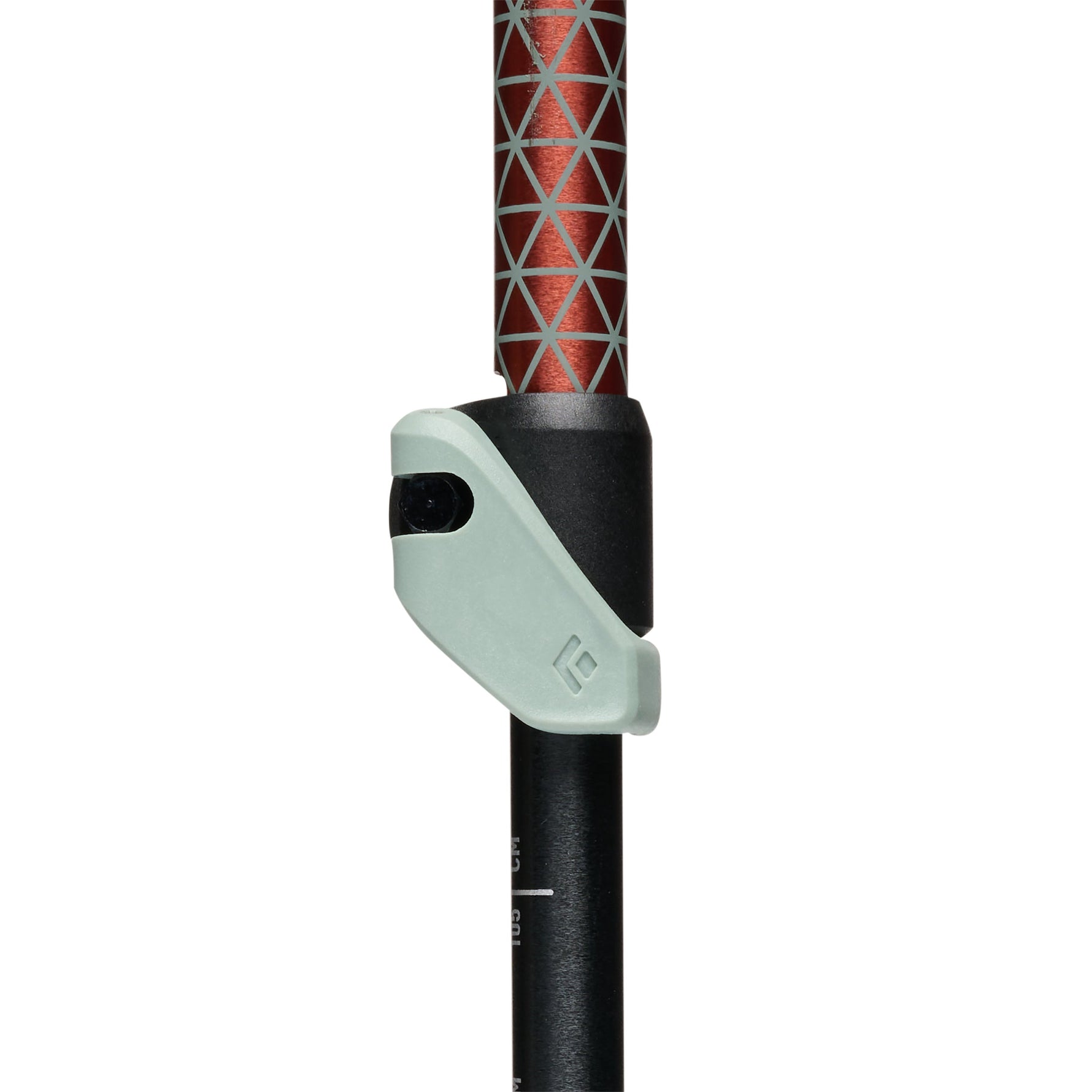 Black Diamond Trail trekking pole with red geometric grip and gray clamp mechanism