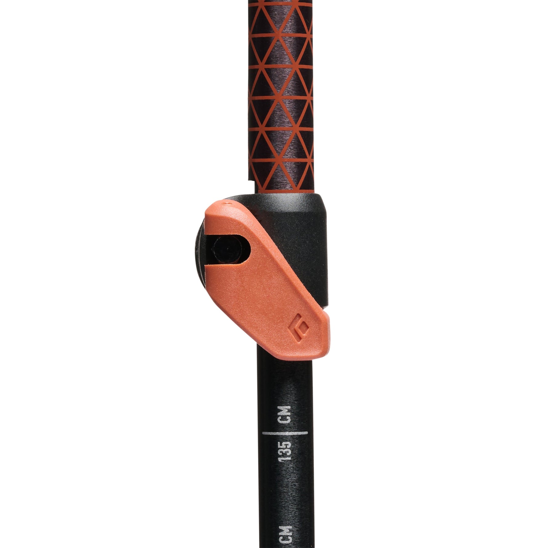 Black Diamond Trail Cork trekking pole with orange cork grip and measurement markings