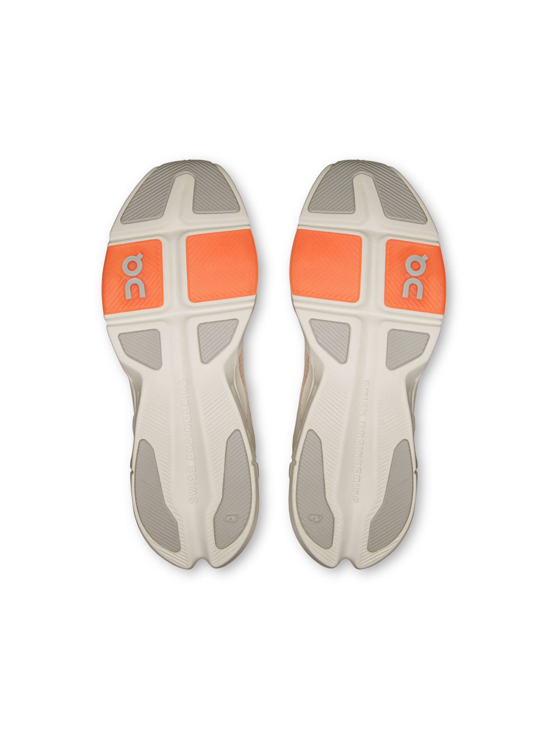 On Cloudpulse Next men's running shoe in Ice/Flame colorway showing side profile and sole view