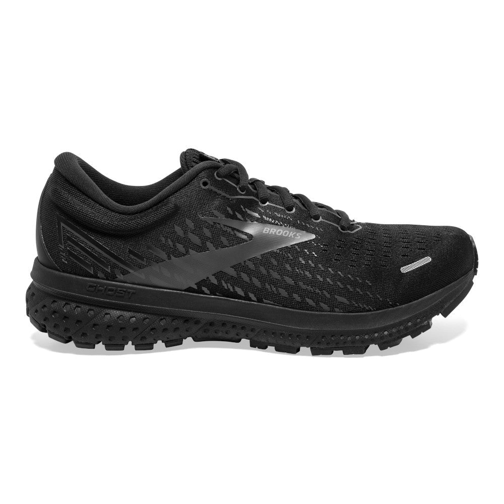 Brooks Ghost 13 men's running shoe in black colorway with professional studio lighting