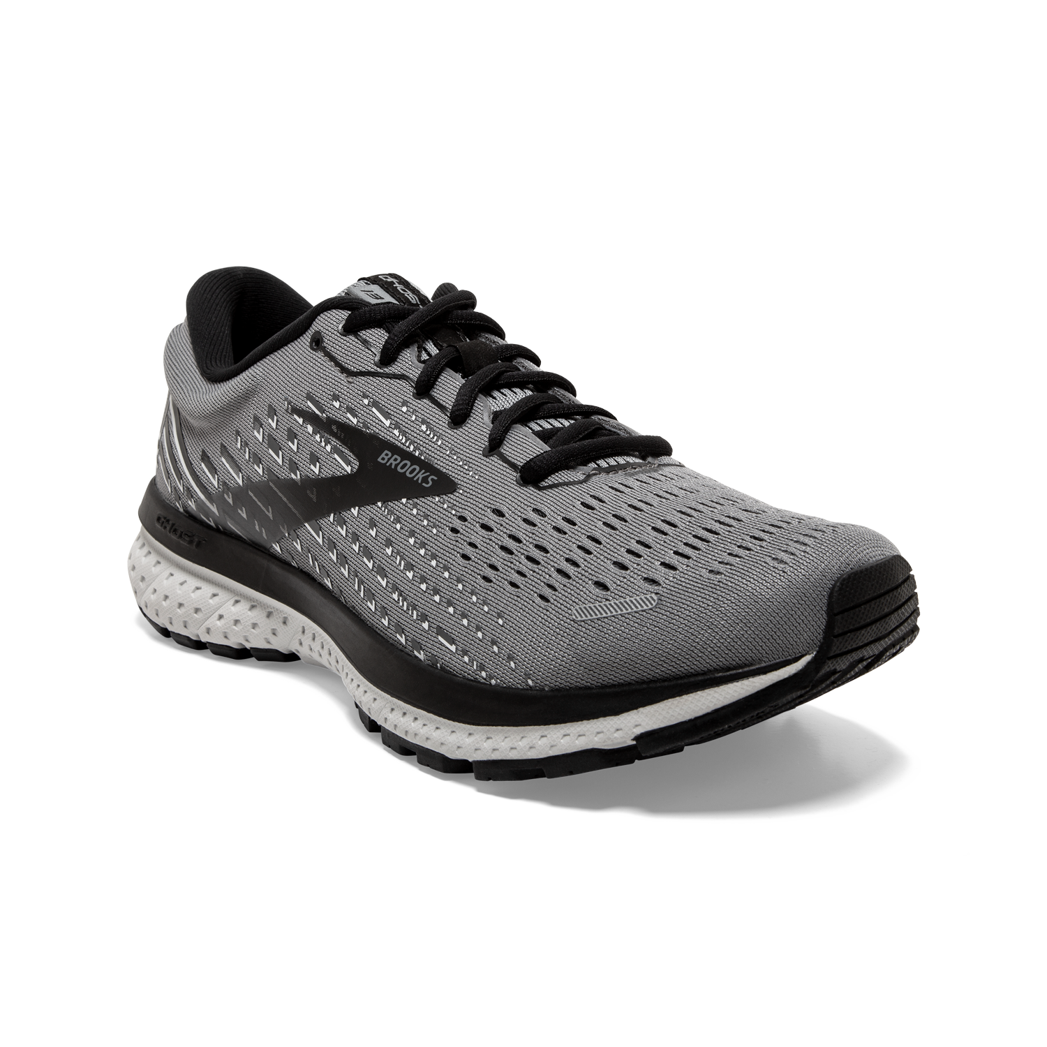 Brooks Ghost 13 men's running shoe in primer grey and black colorway