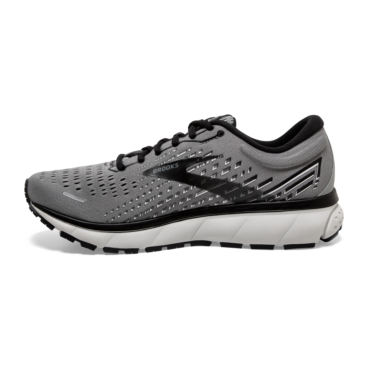 Brooks Ghost 13 men's running shoe in primer grey and black colorway