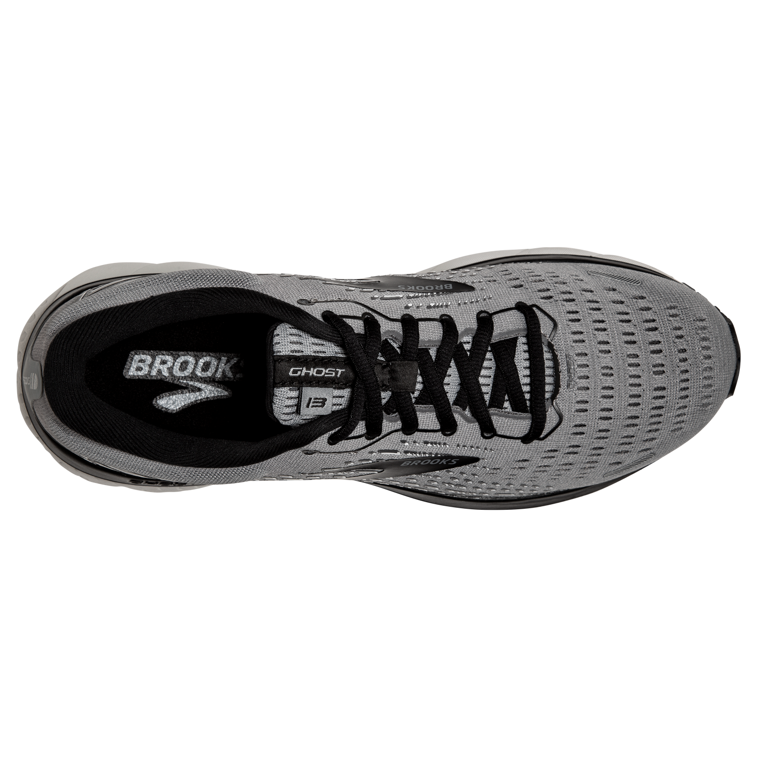 Brooks Ghost 13 running shoe top view in grey and black colorway