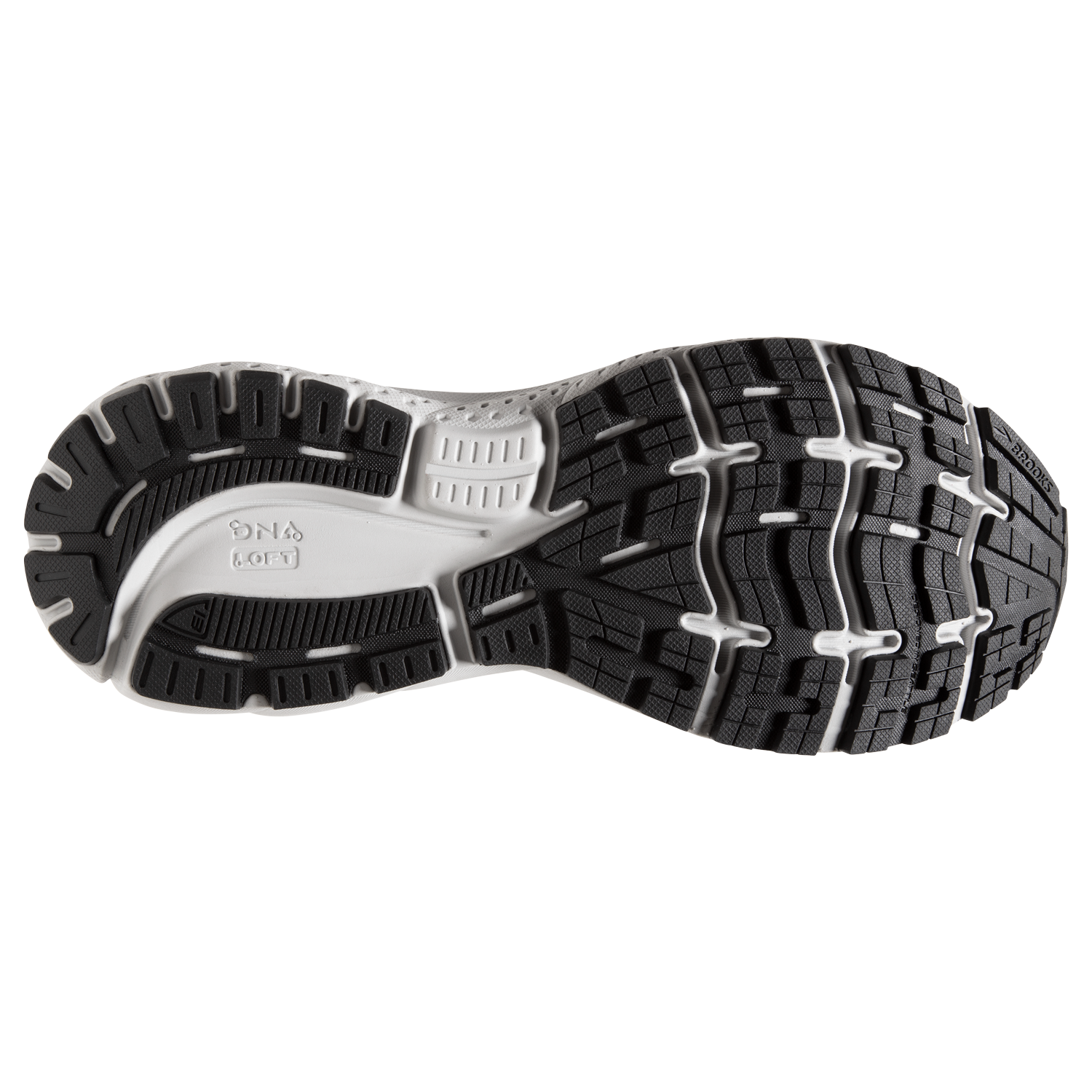 Brooks Ghost 13 running shoe sole in grey and black colorway