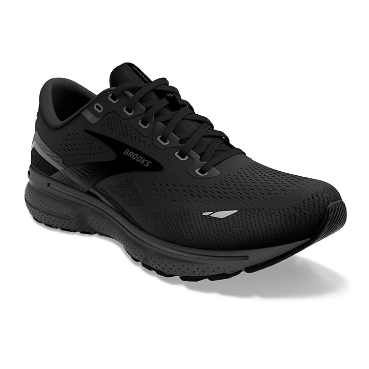 Brooks Ghost 15 men's running shoes in black colorway with mesh upper