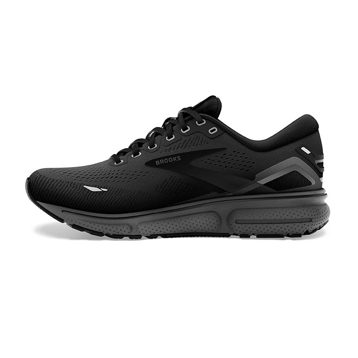 Brooks Ghost 15 men's running shoe in black colorway with mesh upper