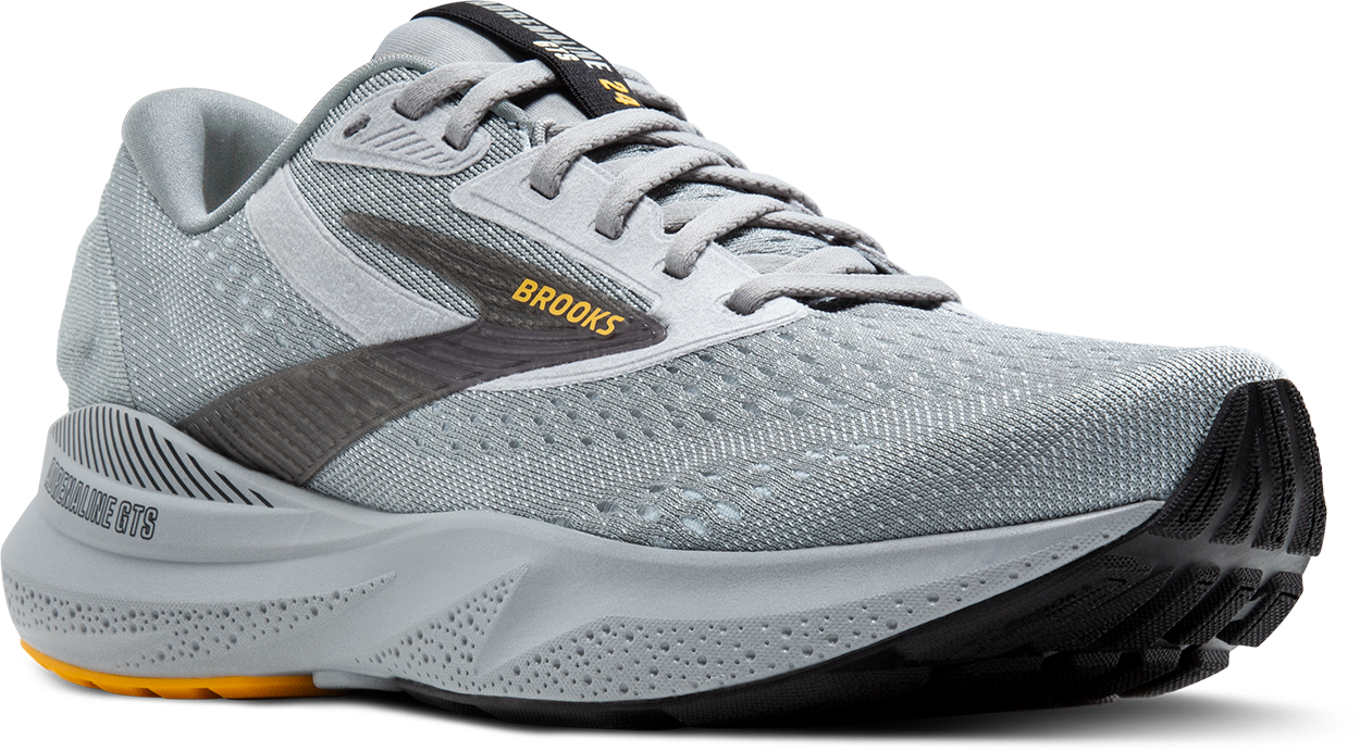 Brooks Adrenaline GTS 24 men's running shoe in alloy gray with gold accents