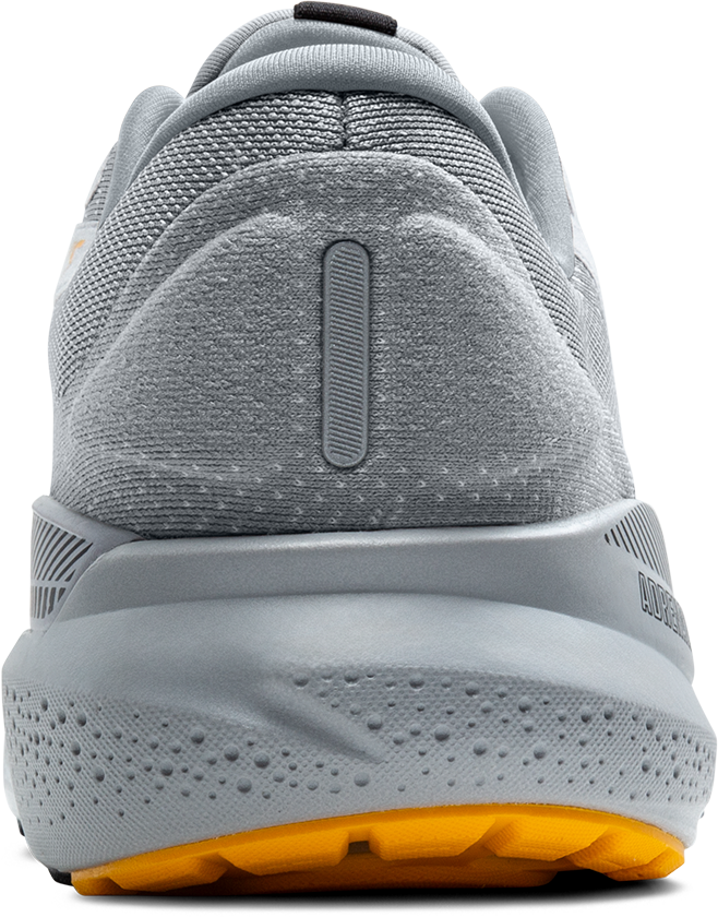 Brooks Adrenaline GTS 24 running shoe heel view showing gray upper with orange sole