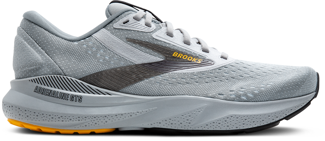 Brooks Adrenaline GTS 24 men's running shoe in alloy gray with gold accents