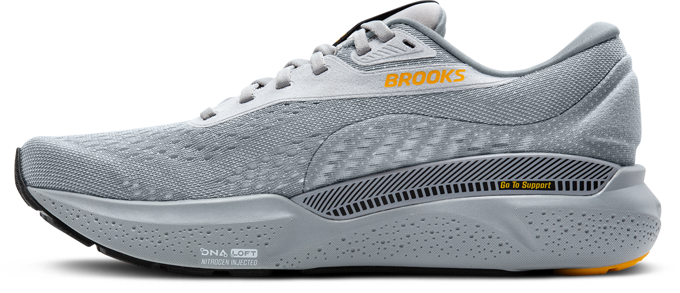 Brooks Adrenaline GTS 24 running shoe in alloy gray with white and gold details
