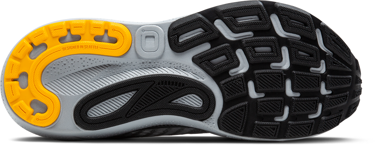 Brooks Adrenaline GTS 24 running shoe sole showing gray, white and yellow colors