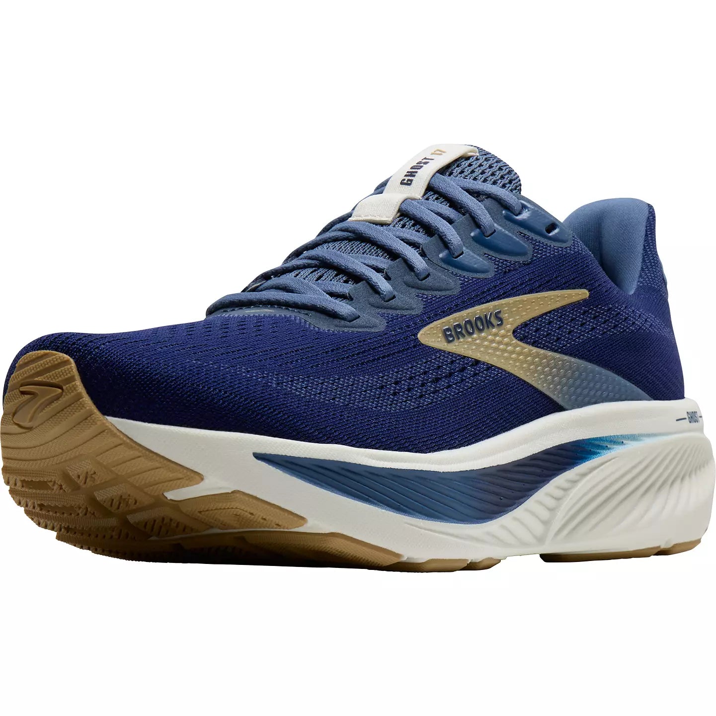 Brooks Ghost 17 men's running shoe in Beacon Blue Moonlight Starfish colorway, side view