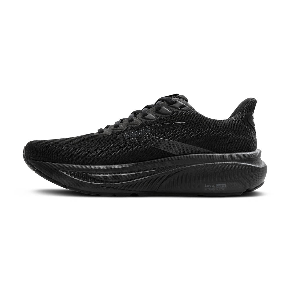 Brooks Ghost 17 men's running shoe in all black colorway on white background