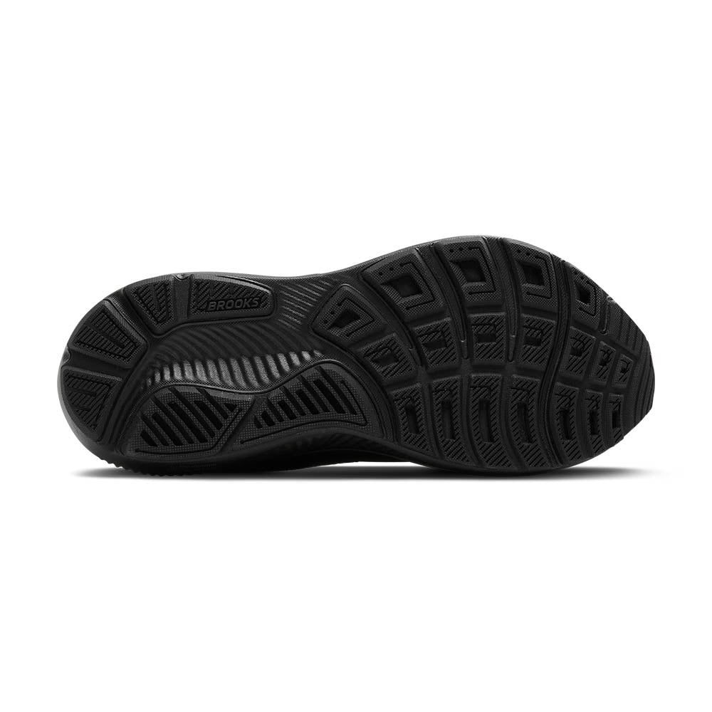 Brooks Ghost 17 running shoe black outsole showing traction pattern and brand logo