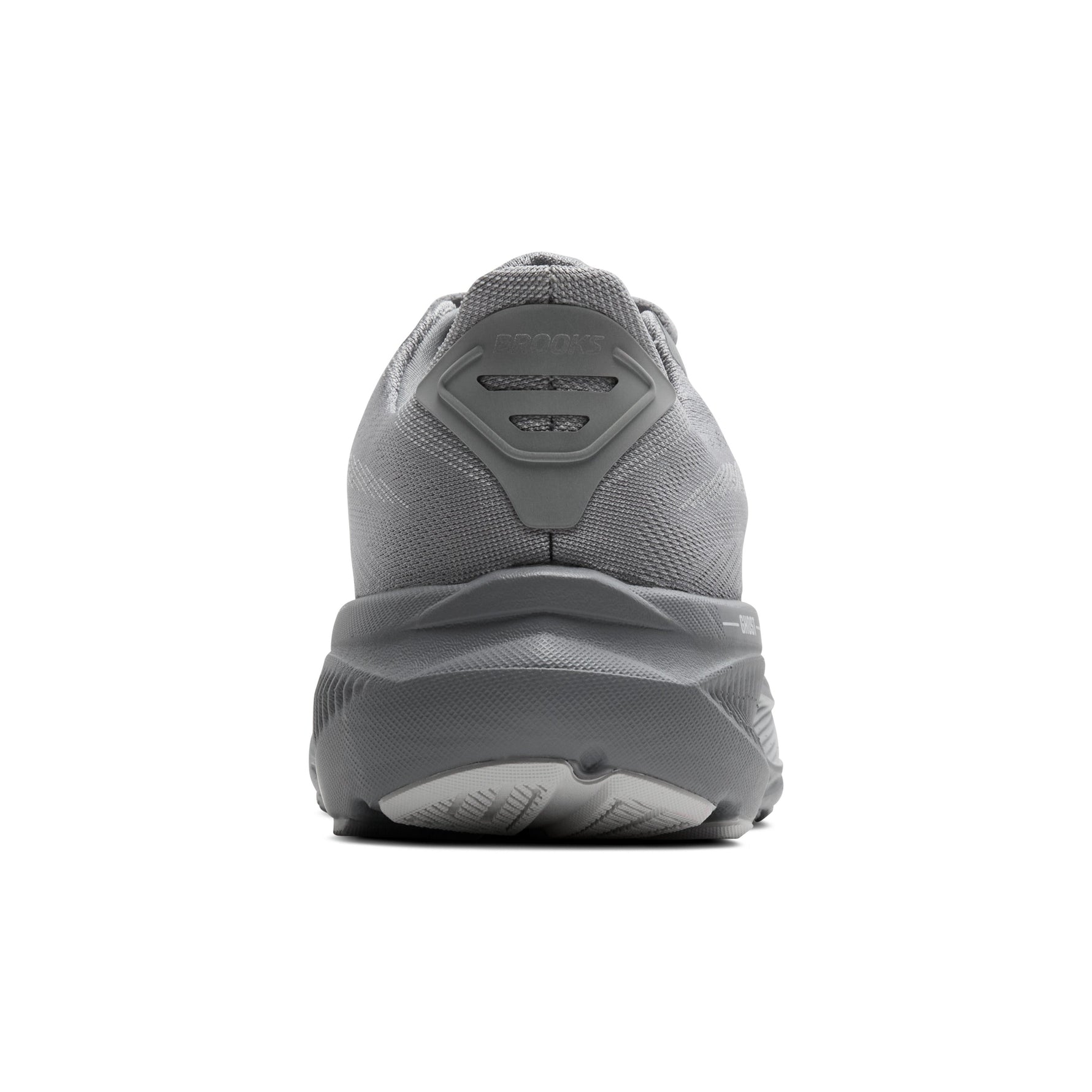 Brooks Ghost 17 men's running shoe in Primer Gray, rear heel view on white background