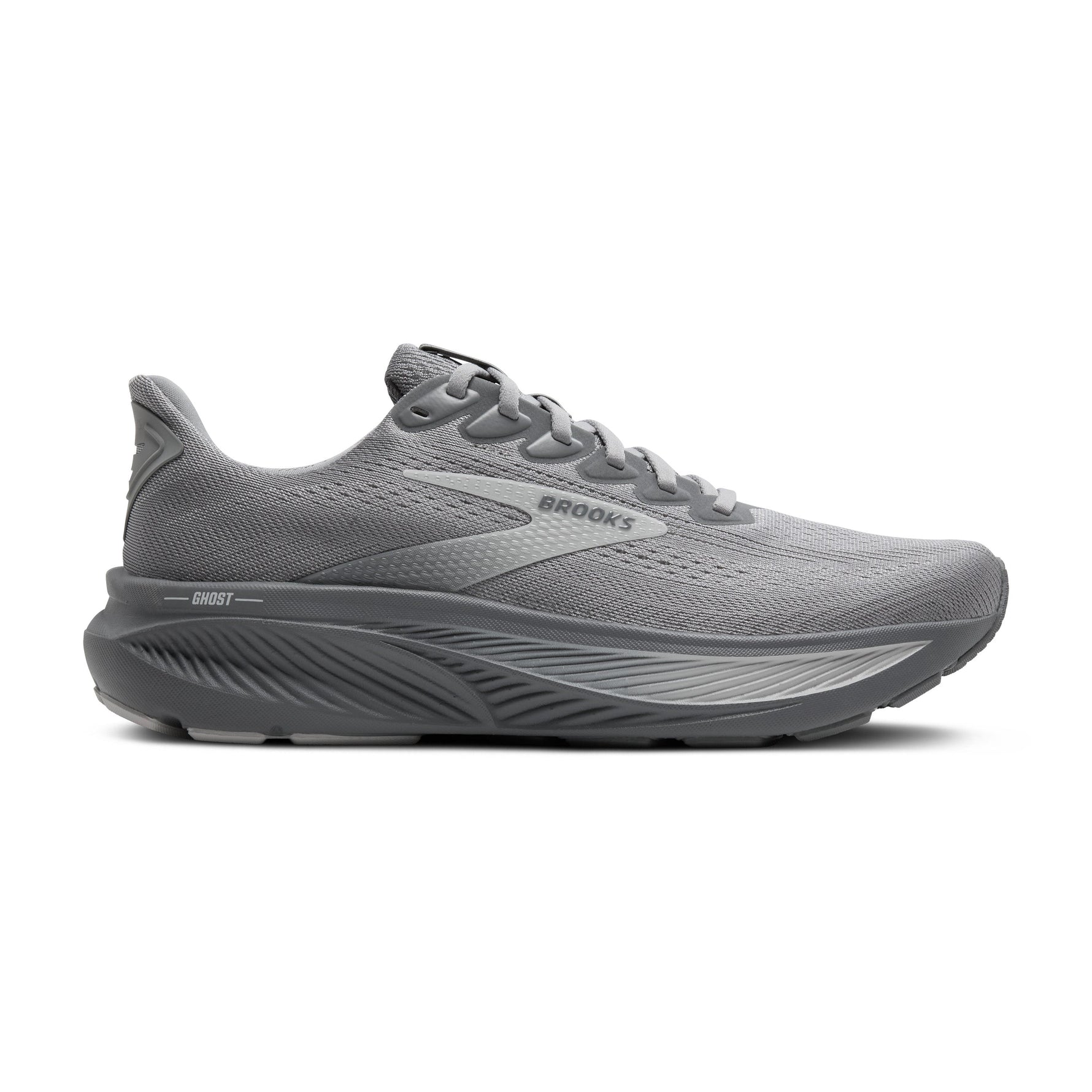 Brooks Ghost 17 men's running shoe in tonal gray colorway, lateral side view