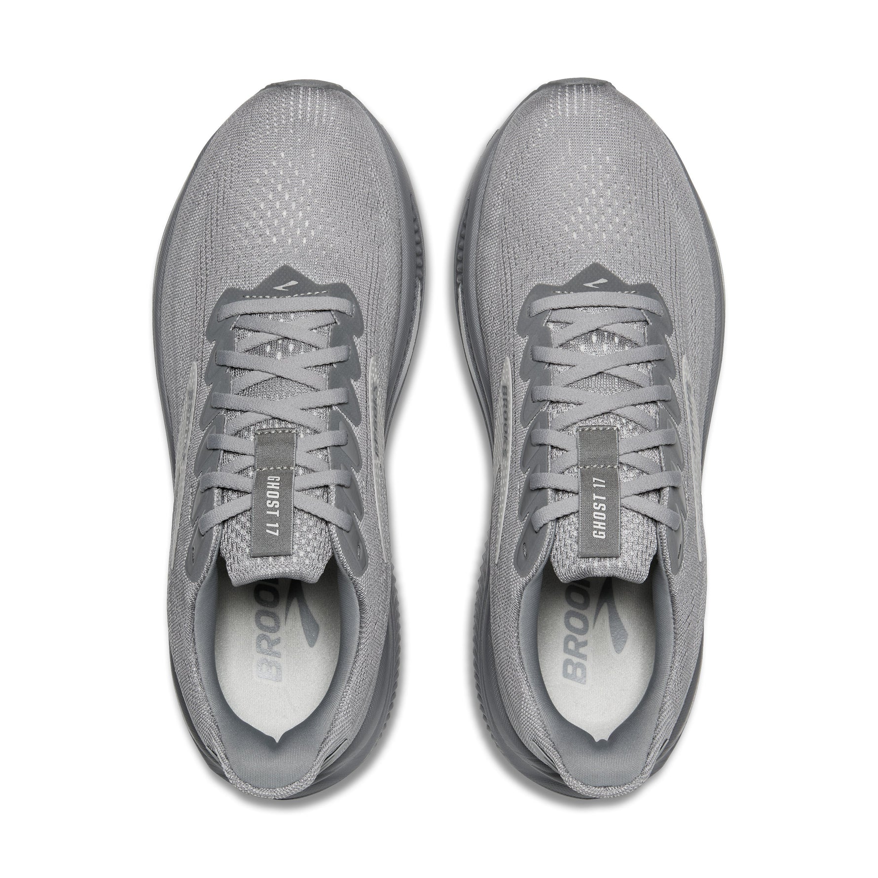 Brooks Ghost 17 men's running shoes in gray, top-down view showing both shoes