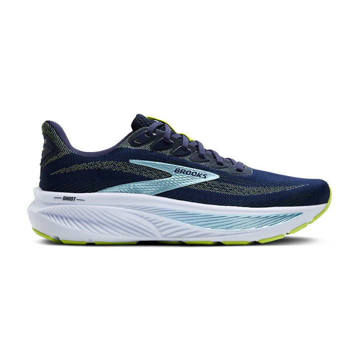 Brooks Ghost 17 men's running shoe in peacoat navy with lime and blue accents