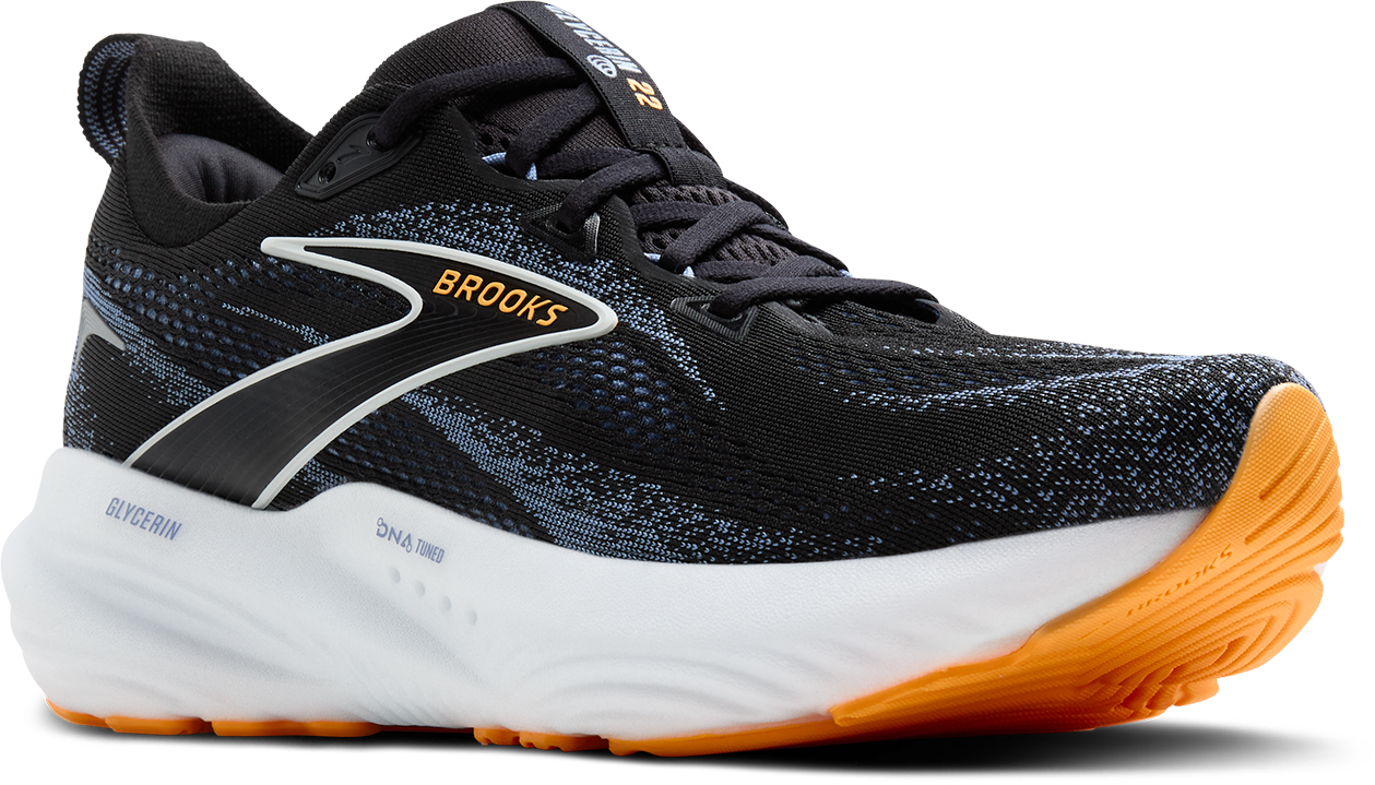 Brooks Glycerin 22 men's running shoe in black with blue mesh and orange sole