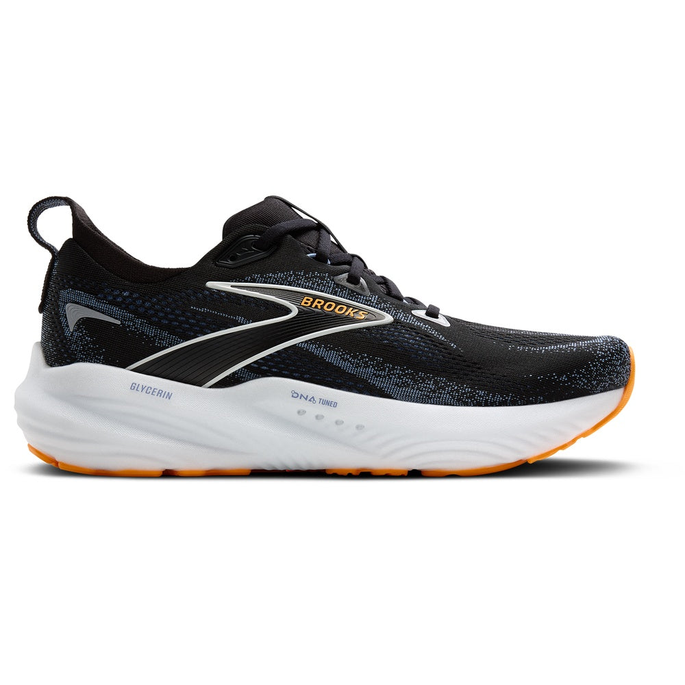 Brooks Glycerin 22 men's running shoe in black with blue accents and orange sole