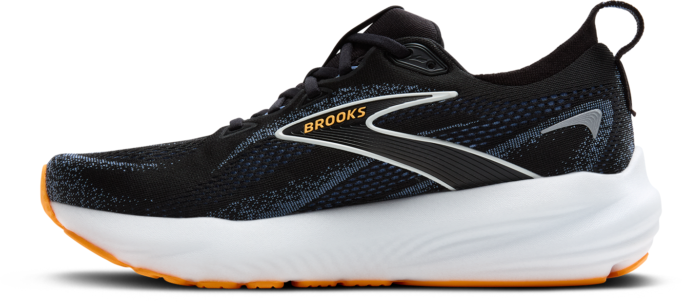 Brooks Glycerin 22 men's running shoe in black with blue mesh and orange sole