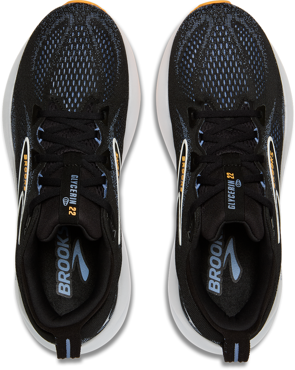 Brooks Glycerin 22 men's running shoes in black with blue accents and orange details