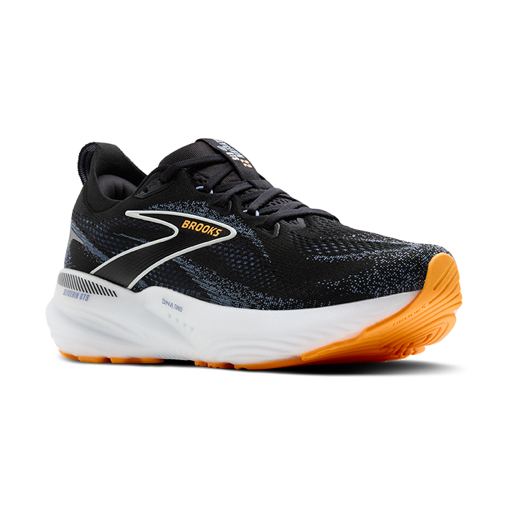 Brooks Glycerin GTS 22 men's running shoe in black with blue knit upper and orange outsole