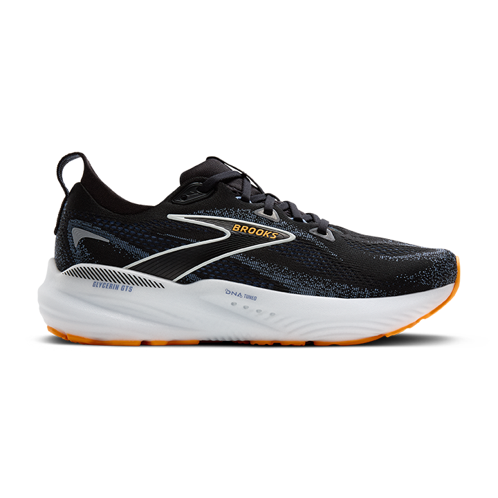 Brooks Glycerin GTS 22 men's running shoe in black with blue accents and orange outsole