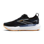 Brooks Glycerin GTS 22 men's running shoe in black with blue accents and orange outsole