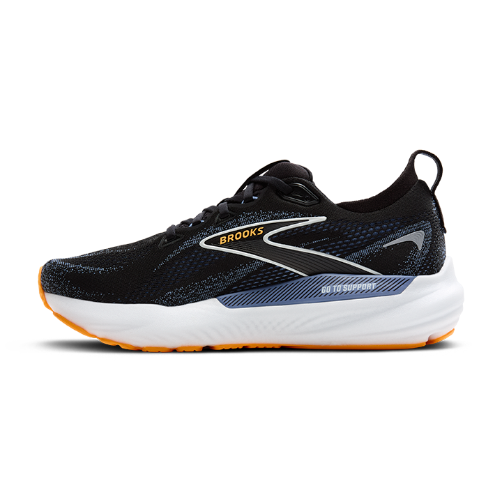 Brooks Glycerin GTS 22 men's running shoe in black with blue accents and orange outsole