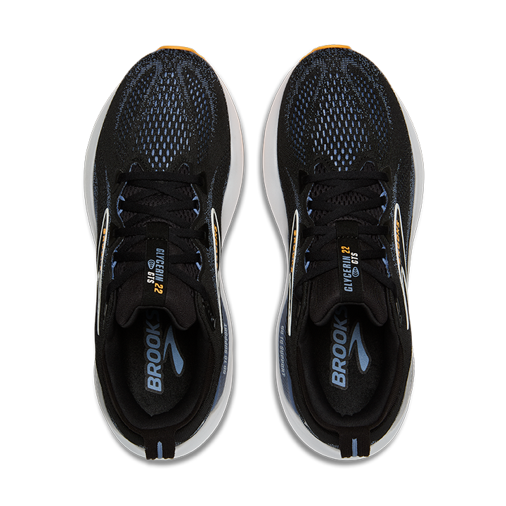 Brooks Glycerin GTS 22 men's running shoe in black with blue and orange accents
