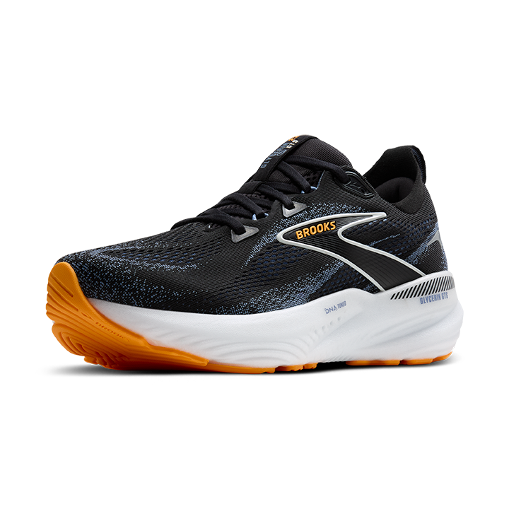 Brooks Glycerin GTS 22 men's running shoe in black with blue accents and orange outsole